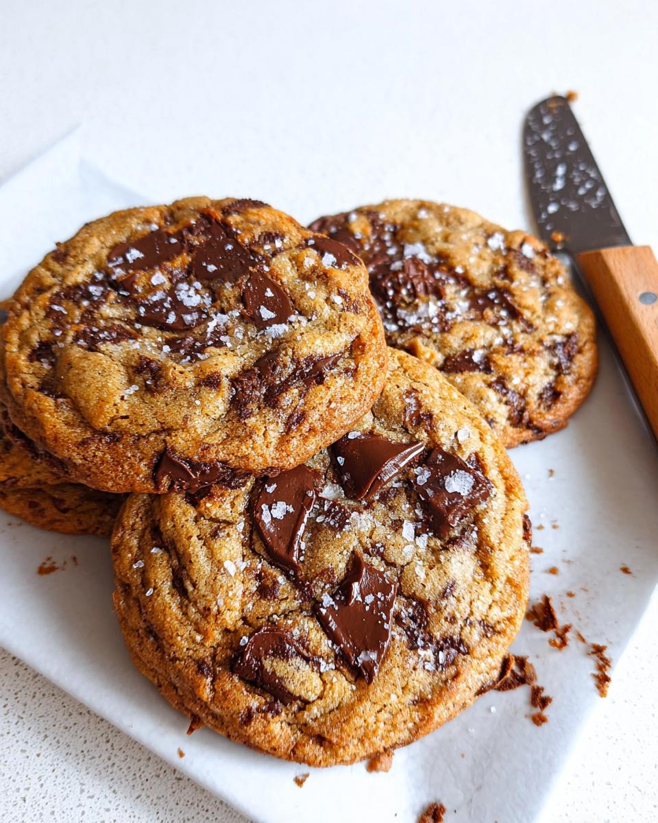 A stack of Soft and Chewy Brown Butter Chocolate Chip Cookies topped with flaky sea salt.