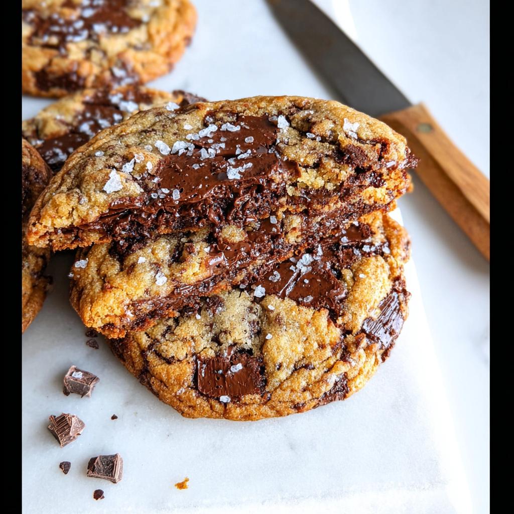 A cross-section view showing the gooey center of Soft and Chewy Brown Butter Chocolate Chip Cookies, topped with flaky salt.