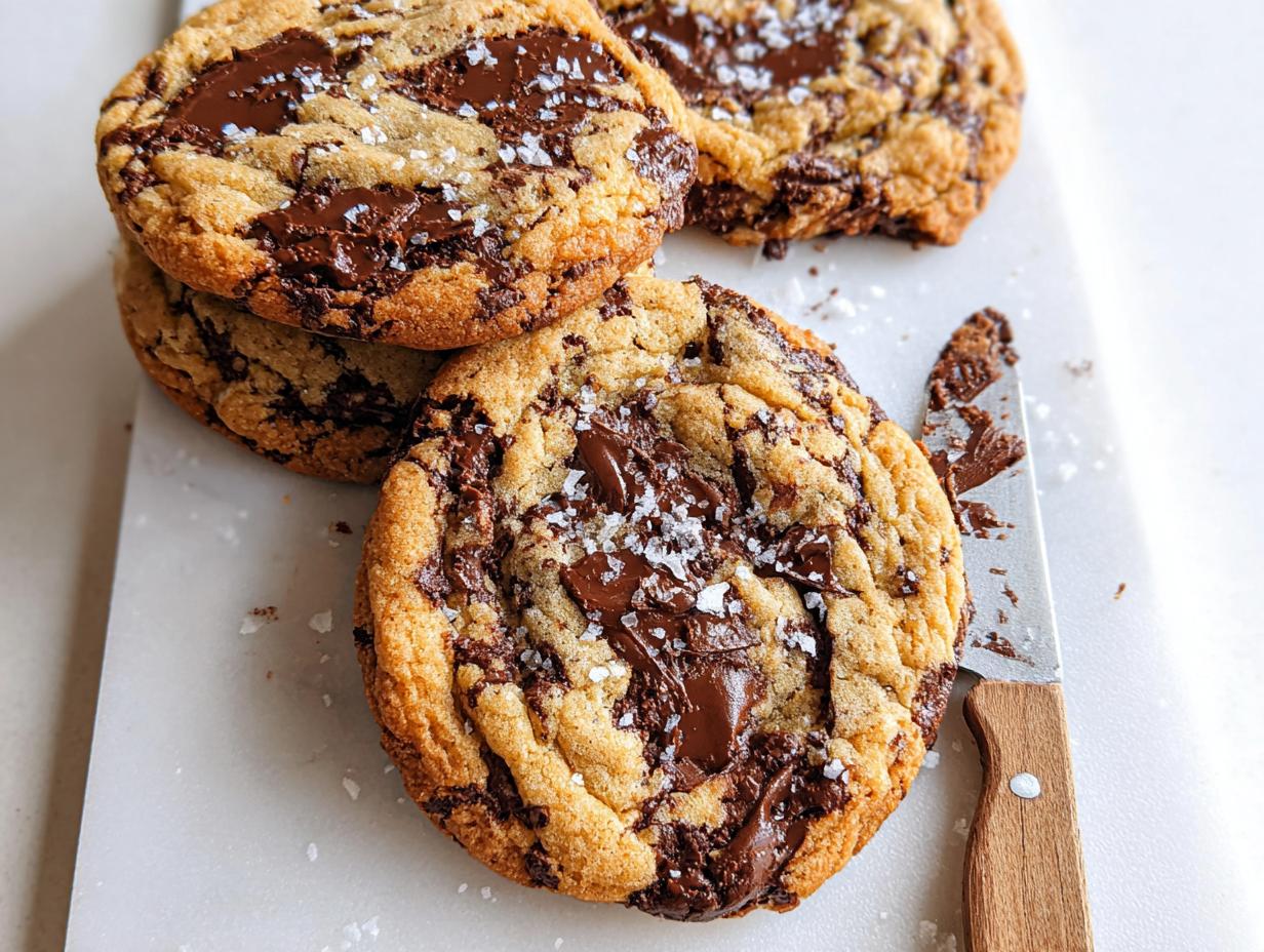 A stack of Soft and Chewy Brown Butter Chocolate Chip Cookies topped with flaky sea salt and melted chocolate chunks.