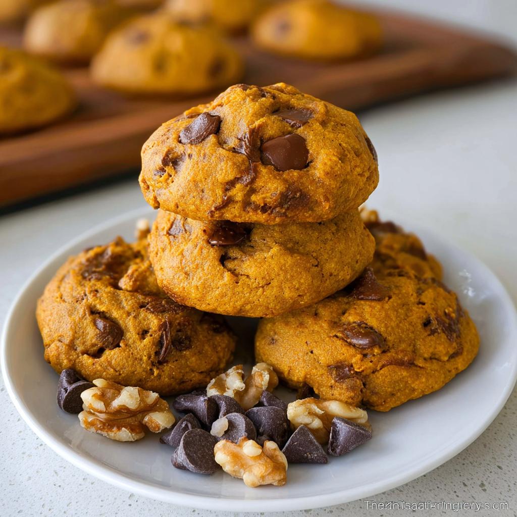 A stack of three soft pumpkin chocolate chip cookies served on a white plate with walnuts and chocolate chips.
