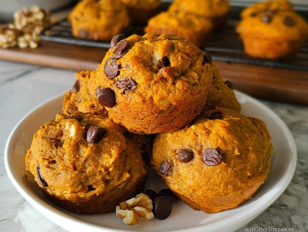 A stack of five Soft Pumpkin Chocolate Chip Cookies, rich orange in color, topped with melted chocolate chips.