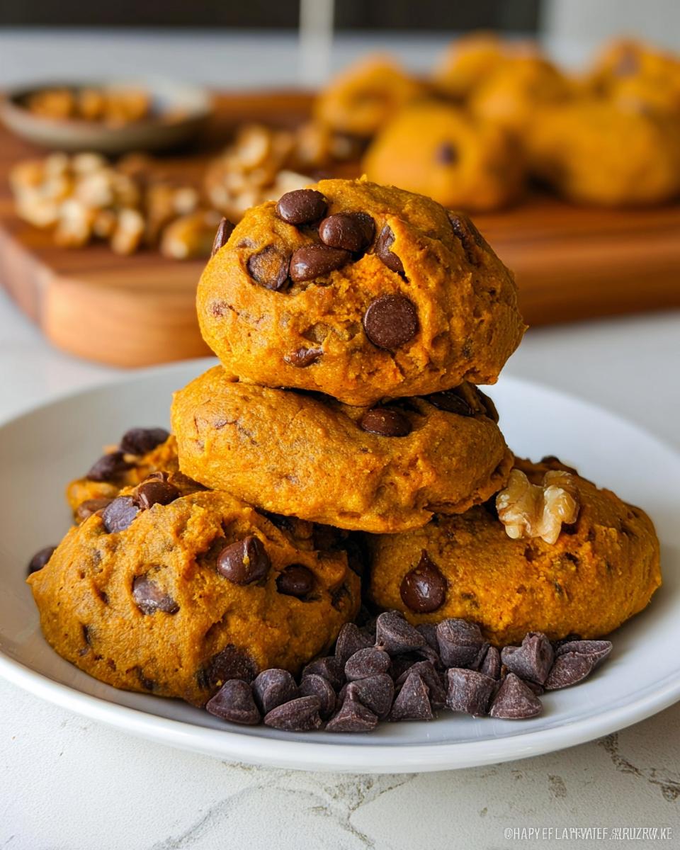 A stack of four soft pumpkin chocolate chip cookies piled on a white plate with loose chocolate chips.