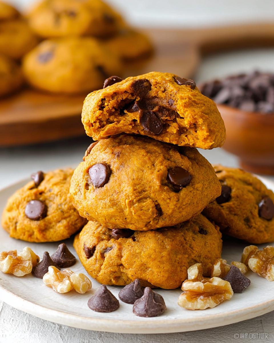 A stack of three Soft Pumpkin Chocolate Chip Cookies, with the top one broken open to show the gooey interior and chocolate chips.