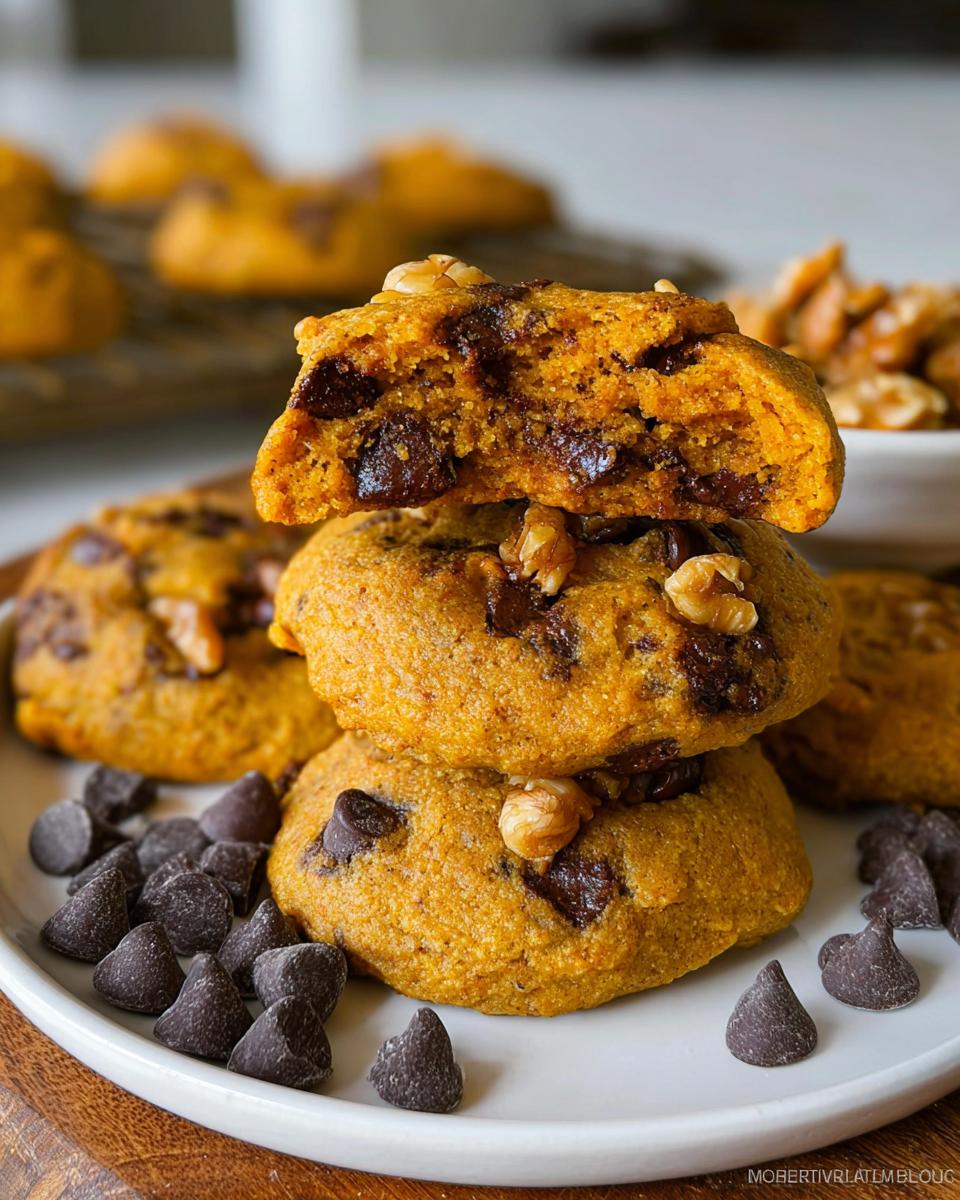 A stack of three Soft Pumpkin Chocolate Chip Cookies, one broken open to show the soft interior and chocolate chips.