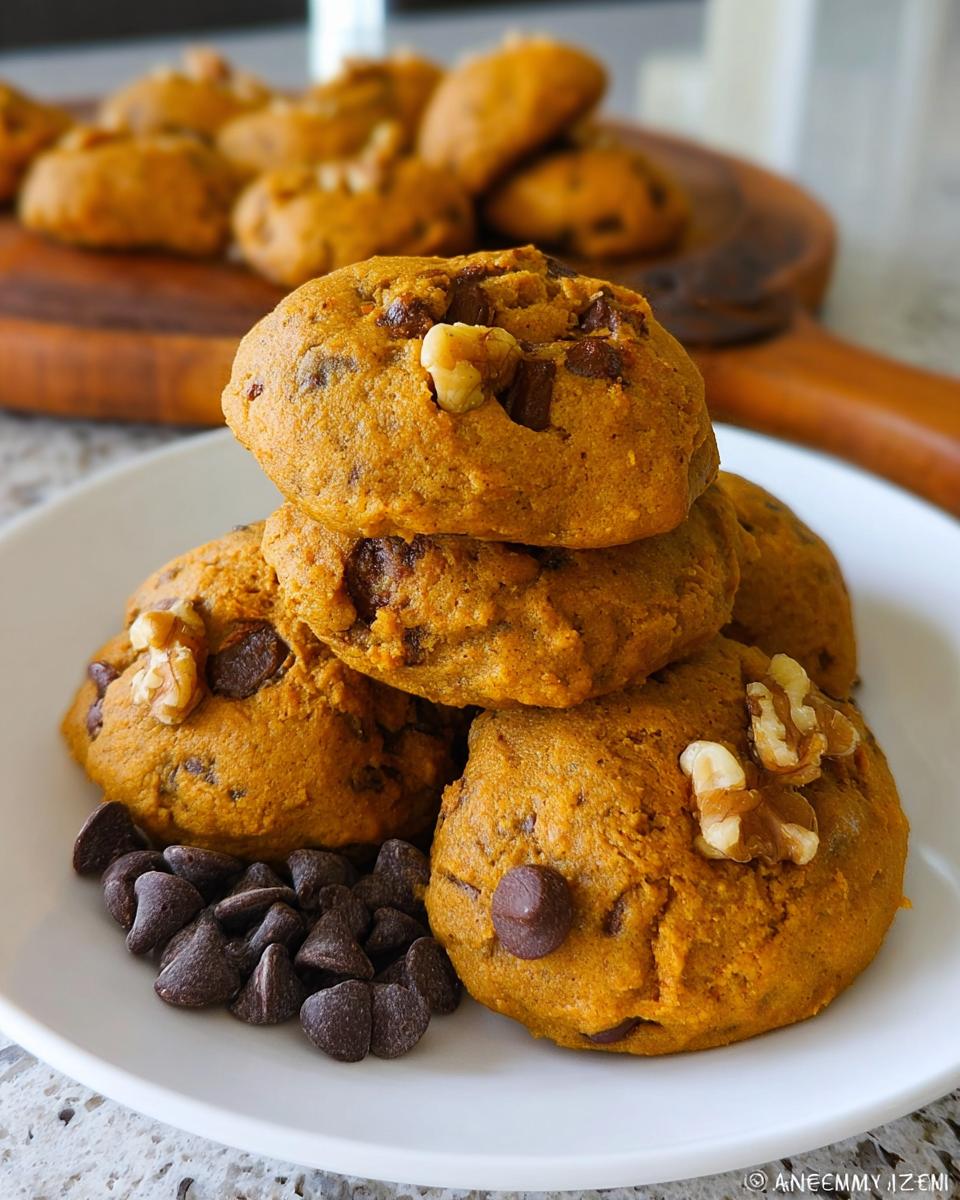 A stack of four Soft Pumpkin Chocolate Chip Cookies topped with walnuts and served with loose chocolate chips.