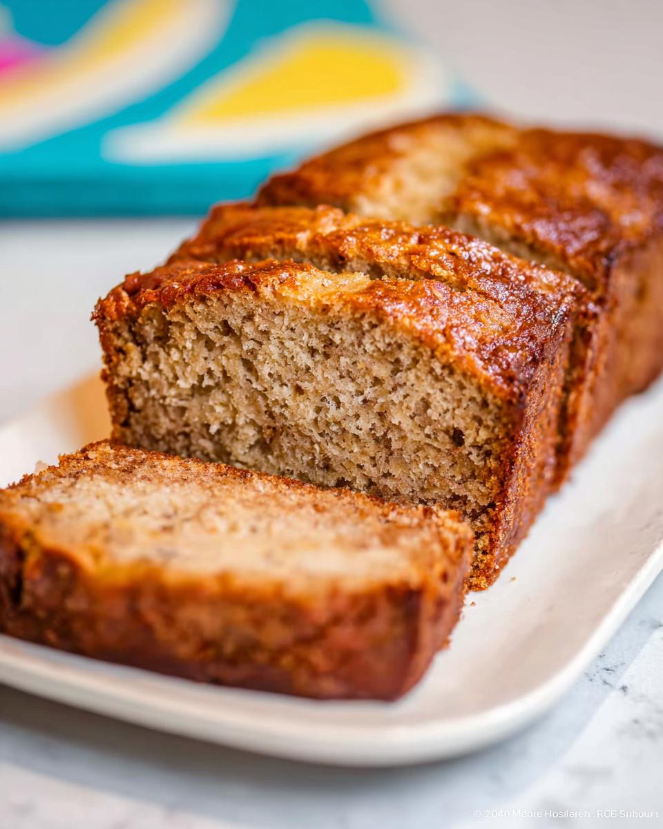 A loaf of moist Sour Cream Banana Bread, sliced and displayed on a white platter.