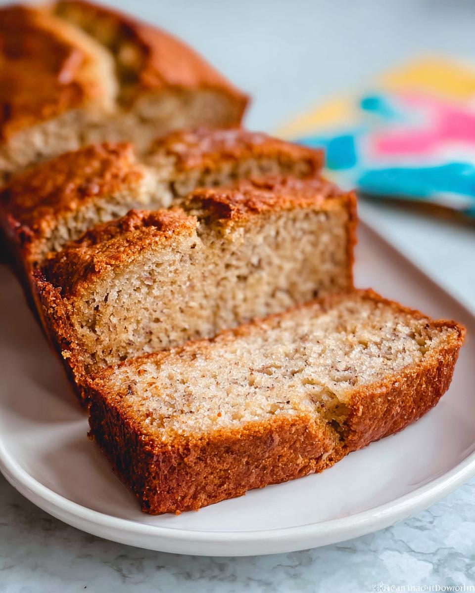 Close-up of moist, golden-brown Sour Cream Banana Bread sliced on a white plate.