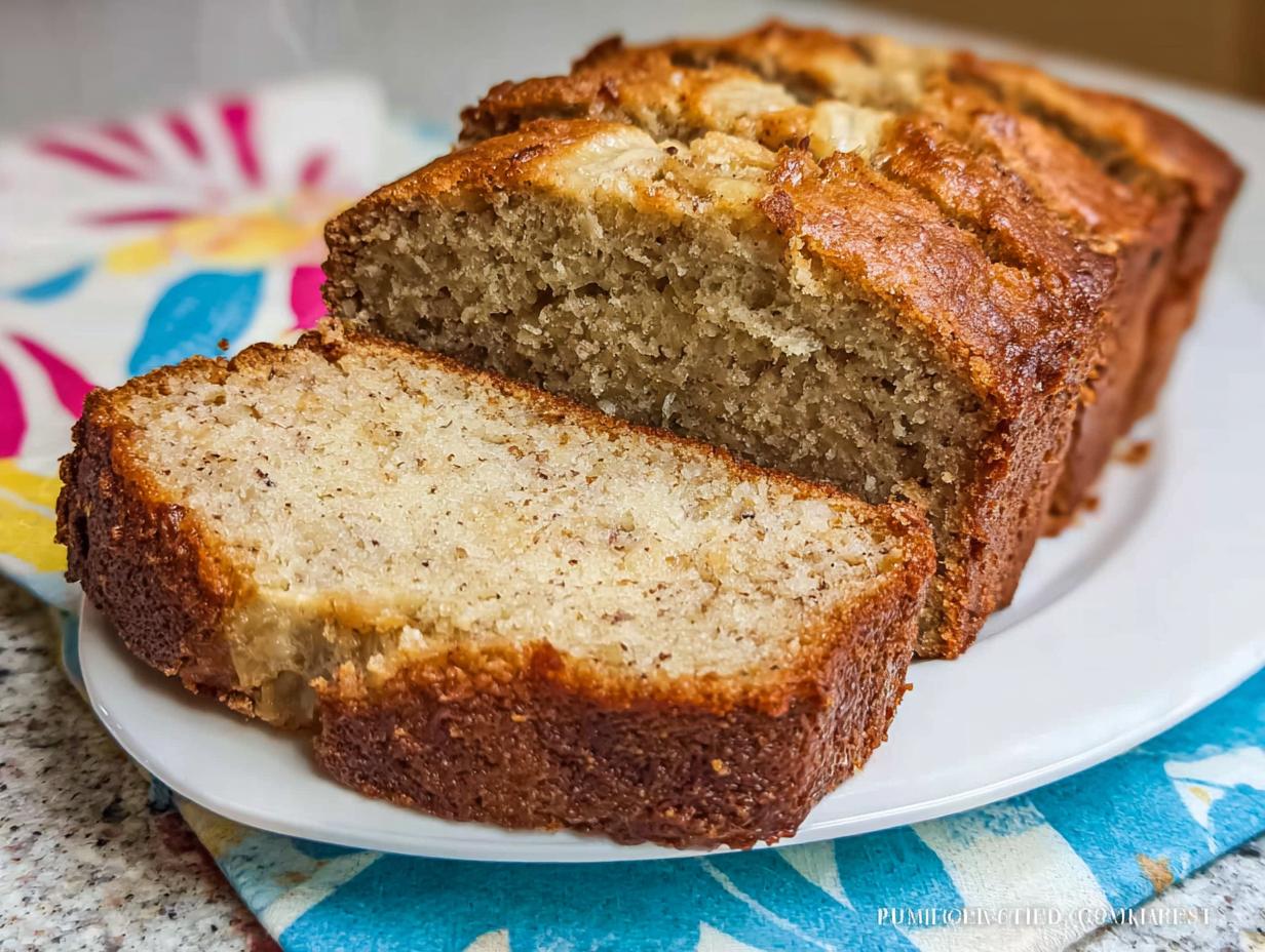 A loaf of freshly baked Sour Cream Banana Bread, sliced to show the moist interior, served on a white plate.