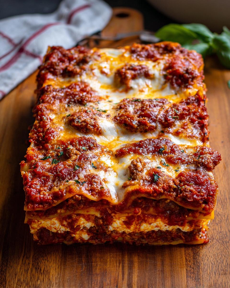 A rectangular slice of Spicy Sausage and Ricotta Lasagna showing layers of pasta, cheese, and rich meat sauce.