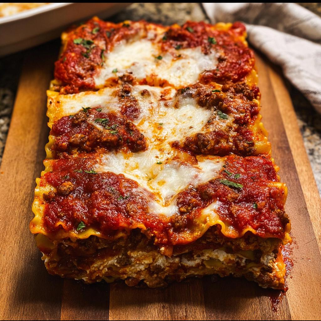 Close-up of a hearty serving of Spicy Sausage and Ricotta Lasagna with melted mozzarella and rich tomato sauce.
