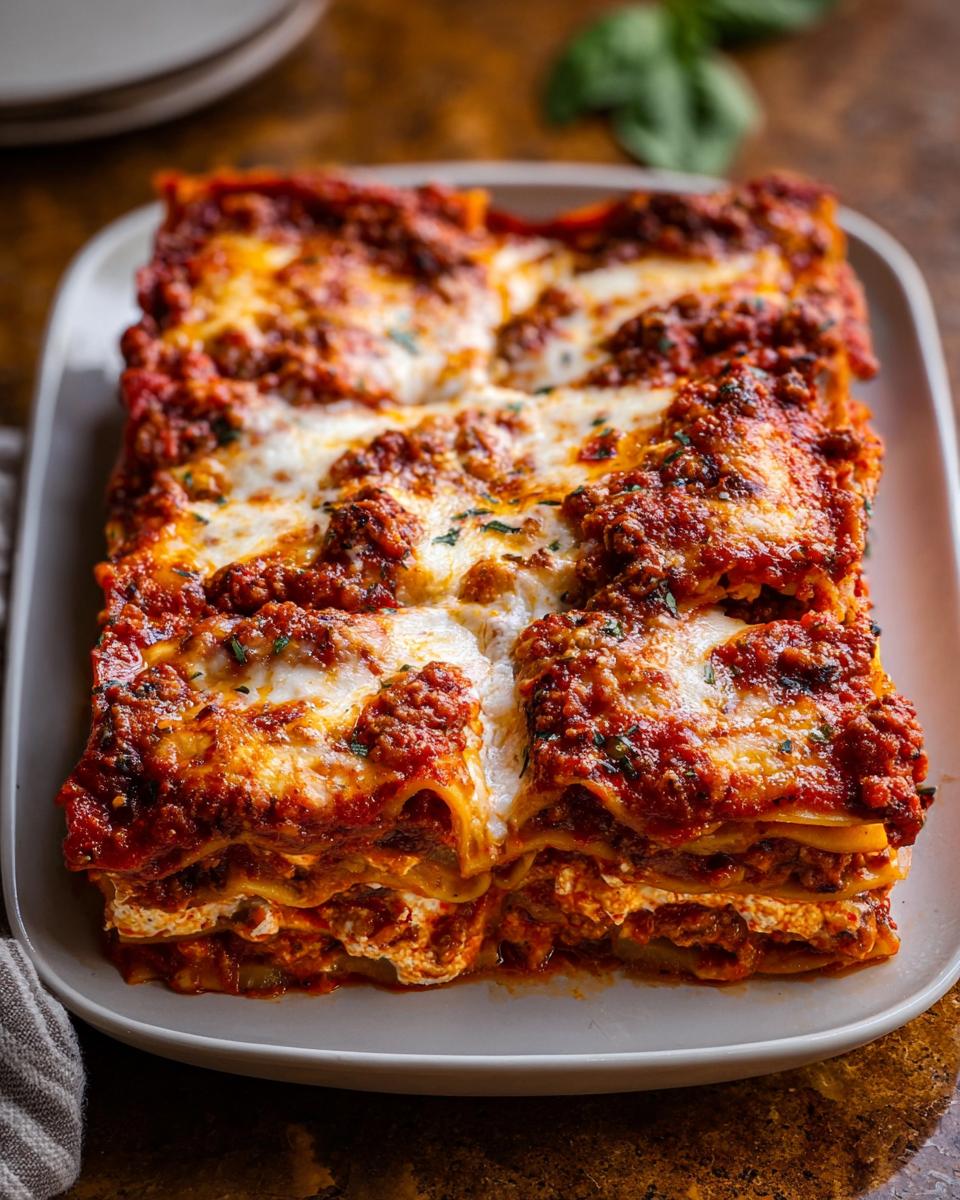 A square serving of baked Spicy Sausage and Ricotta Lasagna with melted cheese and rich tomato sauce.