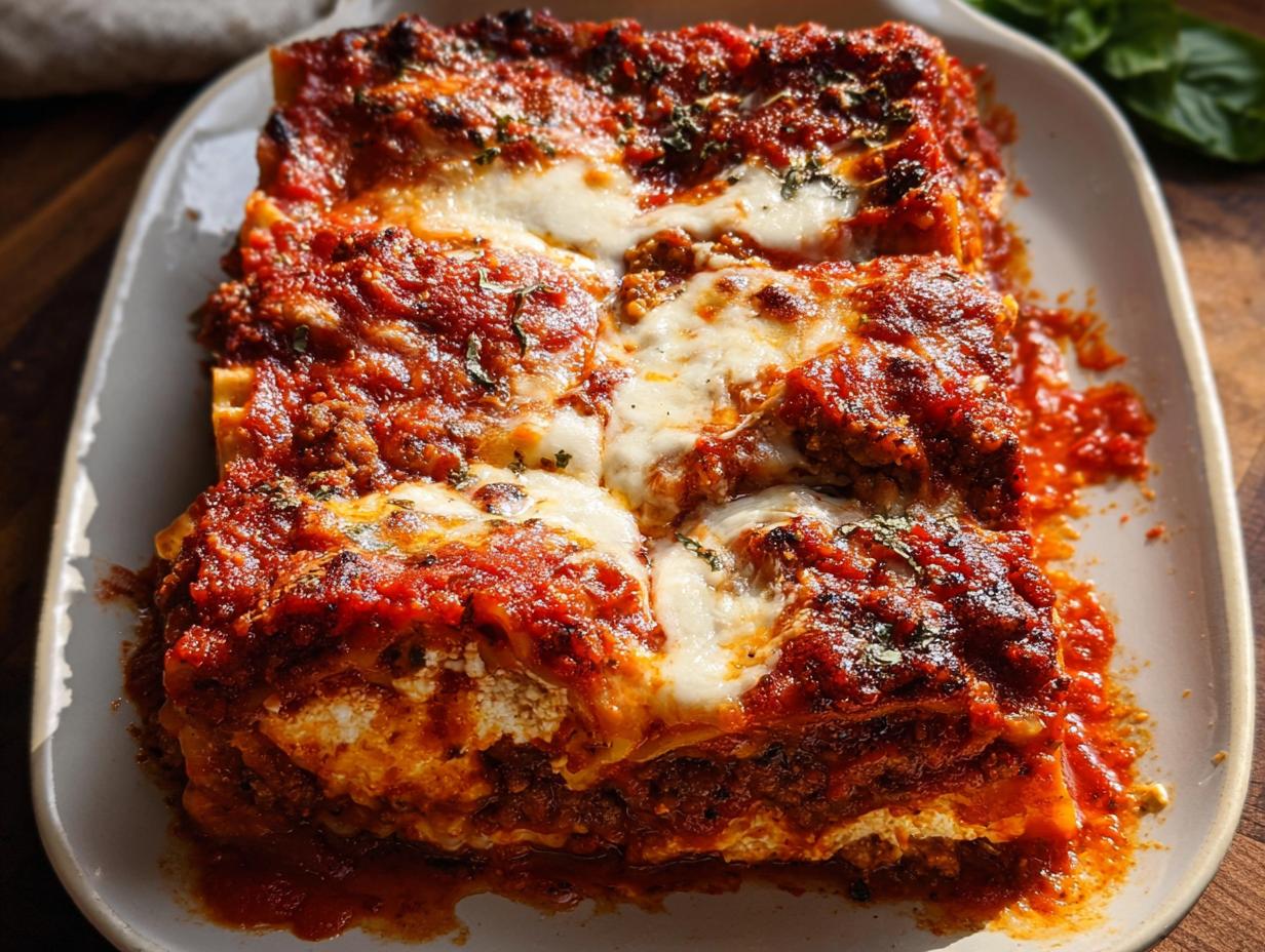 Two generous servings of Spicy Sausage and Ricotta Lasagna topped with bubbling tomato sauce and melted cheese.
