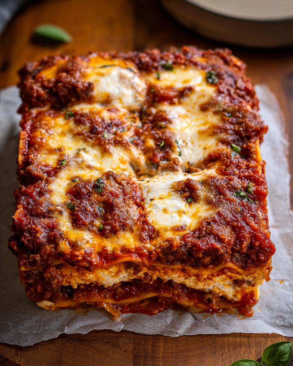 A square, thick slice of Spicy Sausage and Ricotta Lasagna, topped with bubbly, melted mozzarella and rich meat sauce.