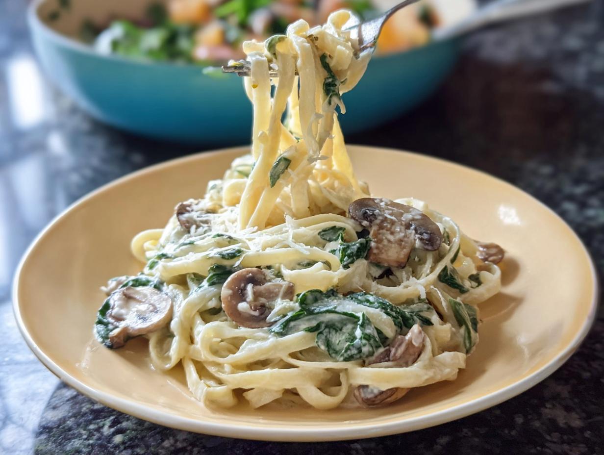A fork lifting creamy fettuccine noodles covered in Spinach and Mushroom Alfredo Pasta from a yellow plate.