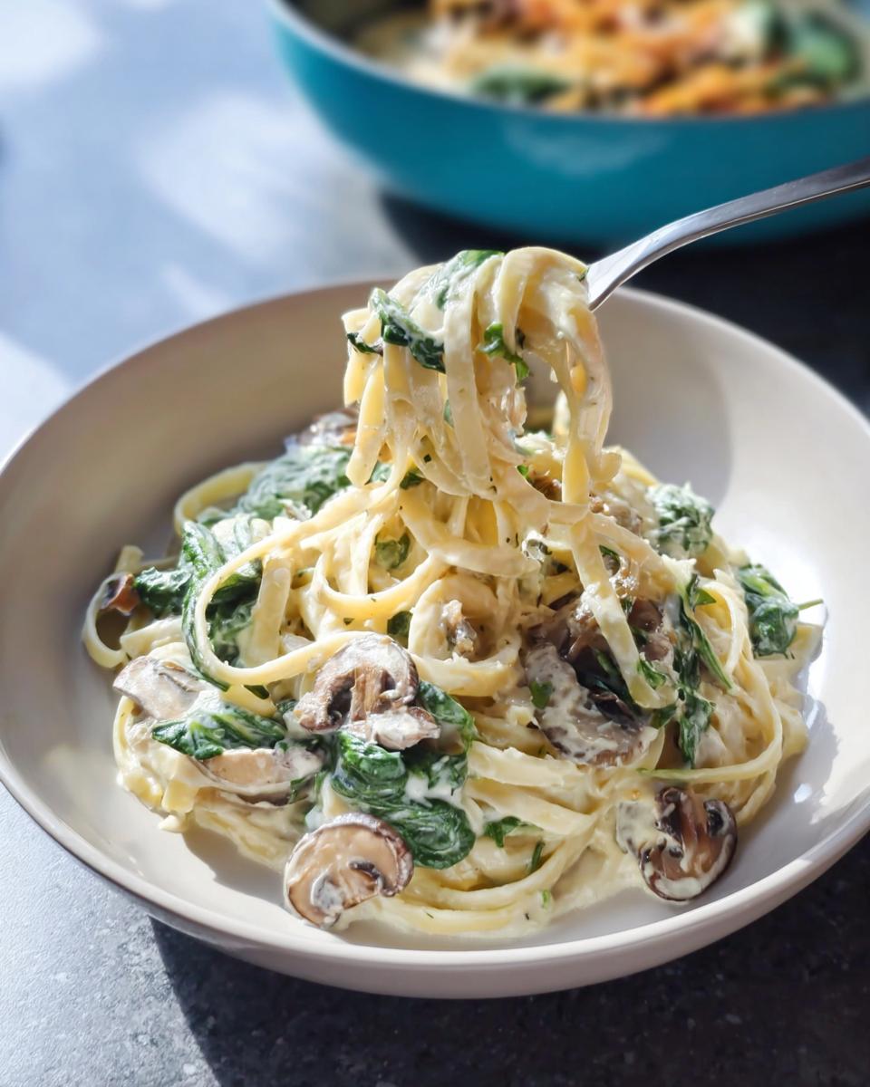 A fork lifting fettuccine noodles coated in creamy sauce, spinach, and mushrooms from a bowl of Spinach and Mushroom Alfredo Pasta.