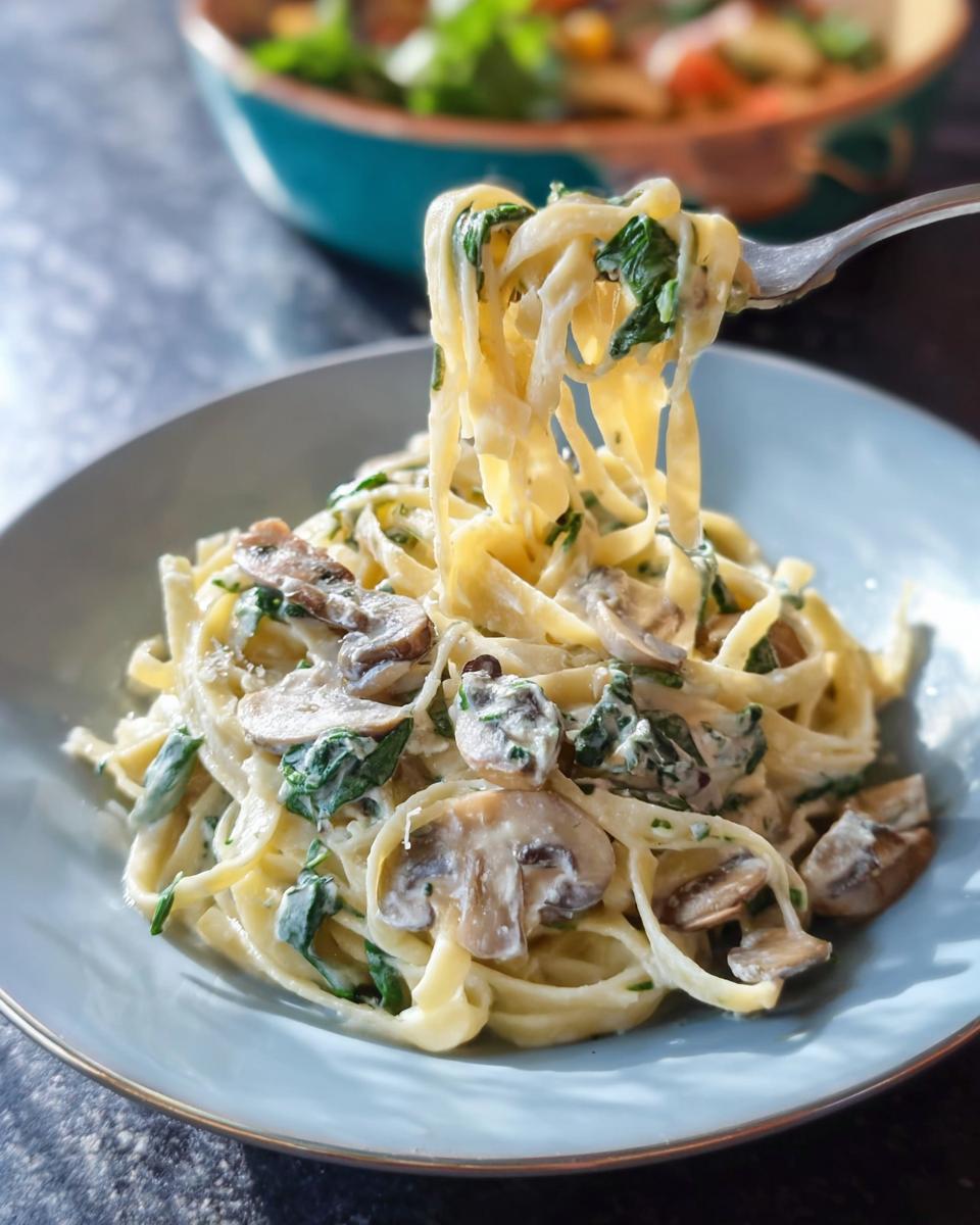 A fork lifting creamy fettuccine noodles coated in sauce, spinach, and mushrooms from a plate of Spinach and Mushroom Alfredo Pasta.