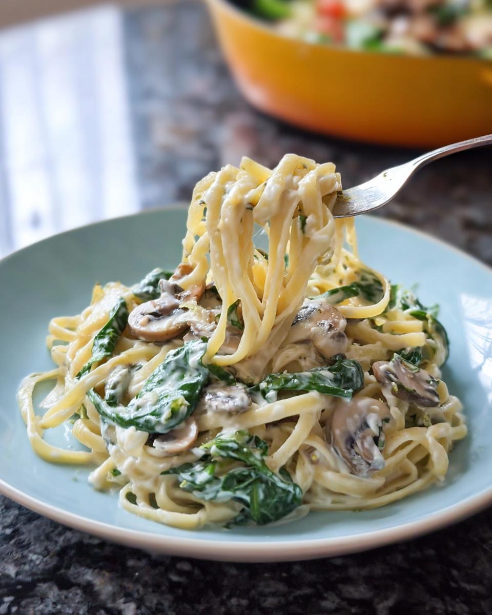 A fork lifting a swirl of creamy Spinach and Mushroom Alfredo Pasta from a light blue plate.