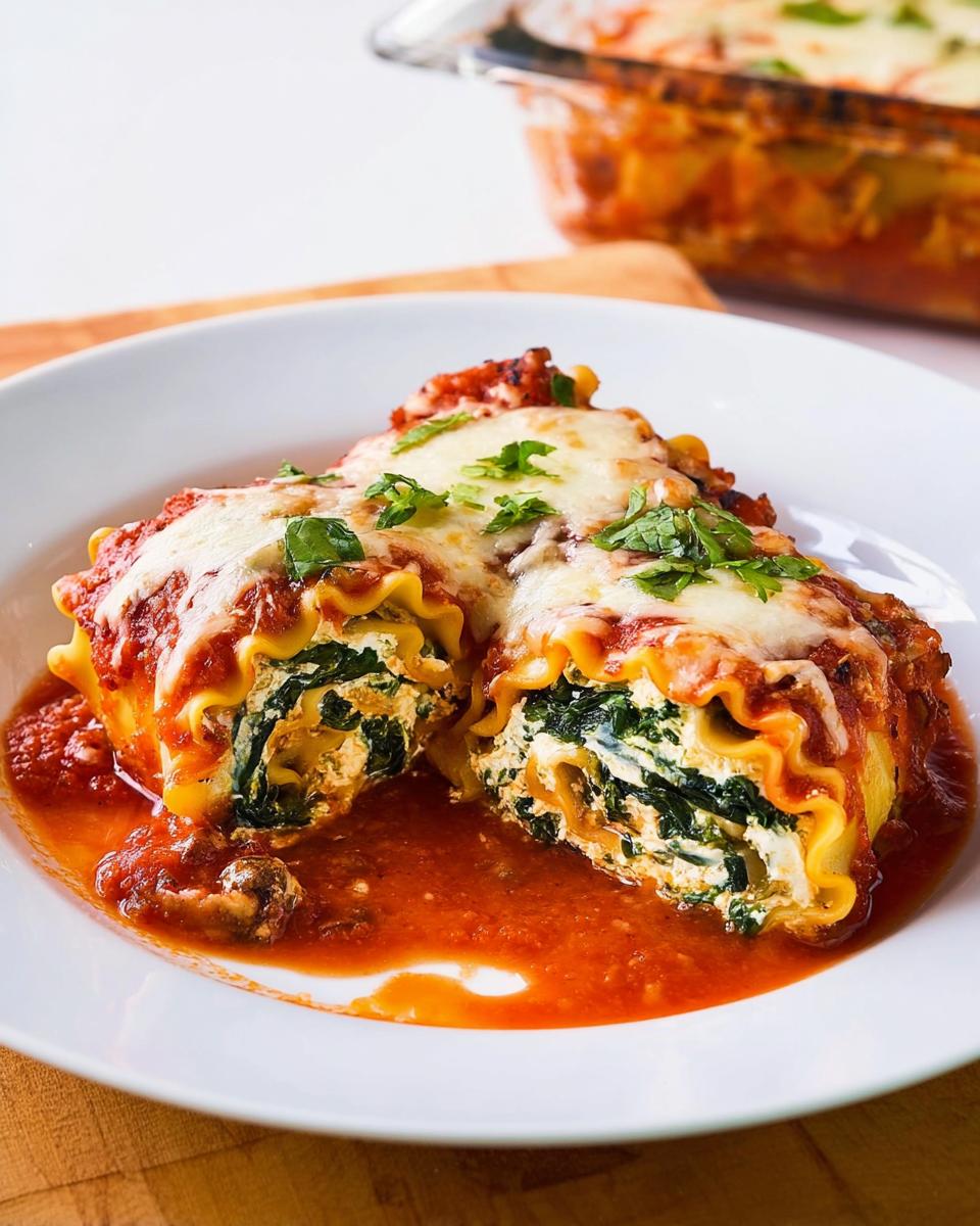 Two halves of Spinach and Mushroom Lasagna Roll Ups covered in marinara sauce and melted cheese.