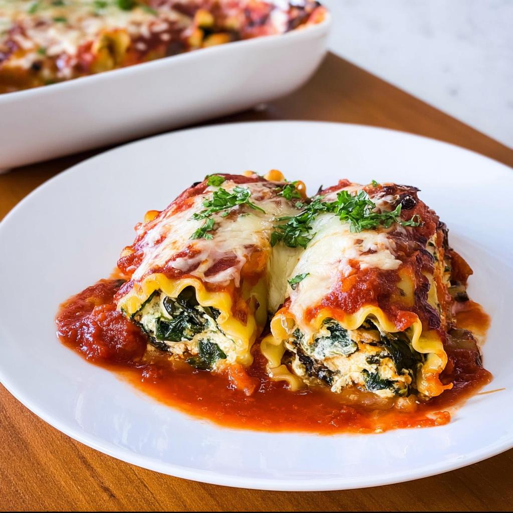 Two Spinach and Mushroom Lasagna Roll Ups covered in marinara sauce and melted cheese on a white plate.