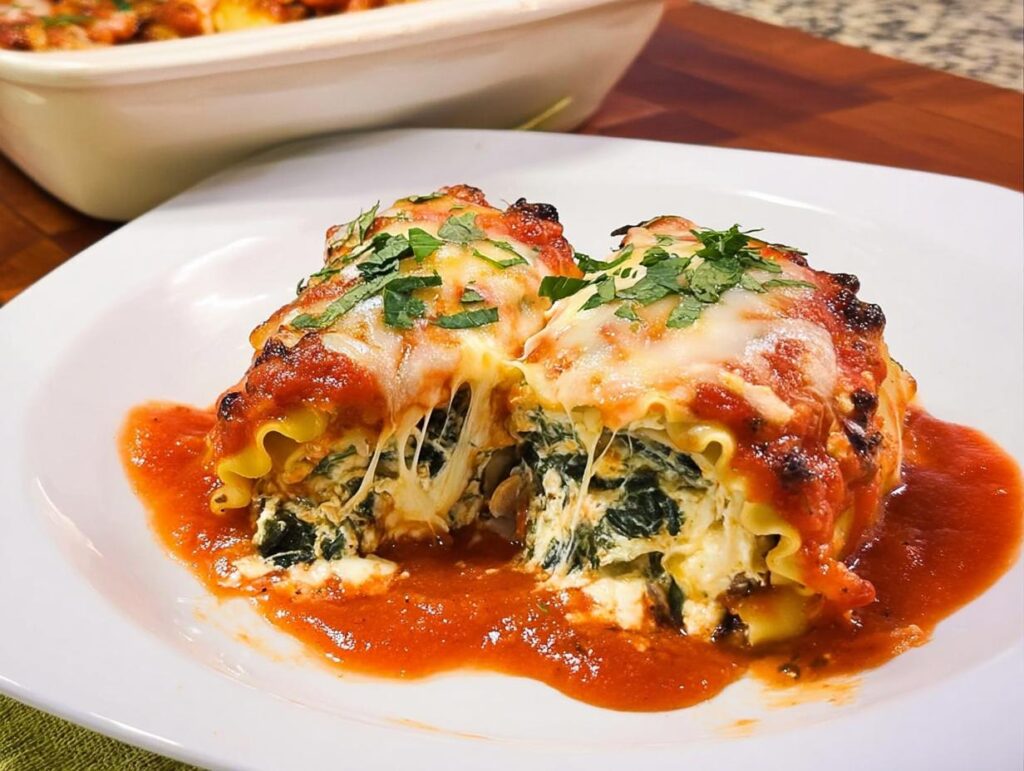 Two Spinach and Mushroom Lasagna Roll Ups covered in melted cheese and marinara sauce on a white plate.