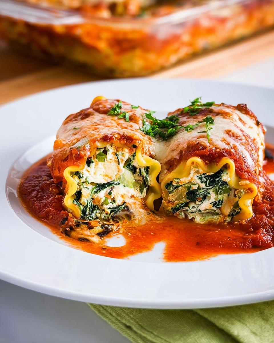 Two Spinach and Mushroom Lasagna Roll Ups cut open on a white plate covered in marinara sauce and melted cheese.