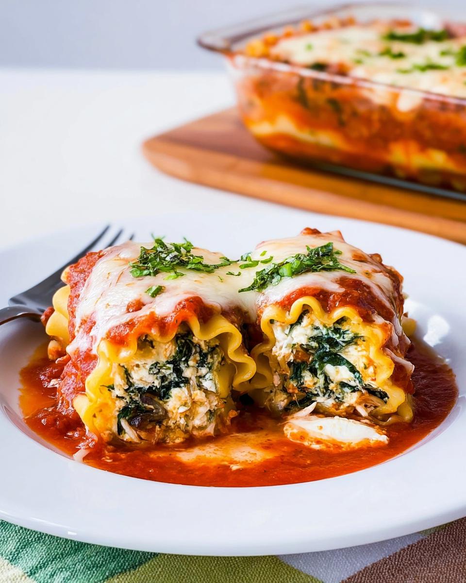 Two Spinach and Mushroom Lasagna Roll Ups covered in melted cheese and marinara sauce on a white plate.