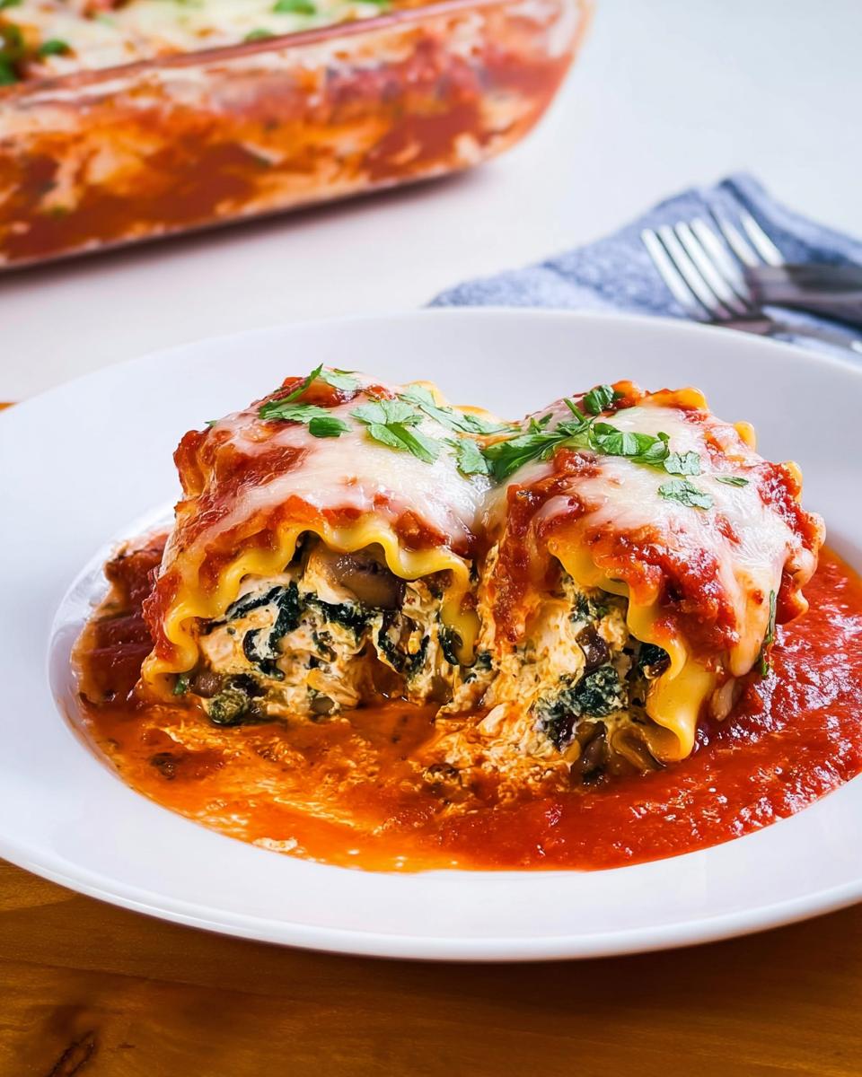 Two Spinach and Mushroom Lasagna Roll Ups covered in melted cheese and marinara sauce on a white plate.