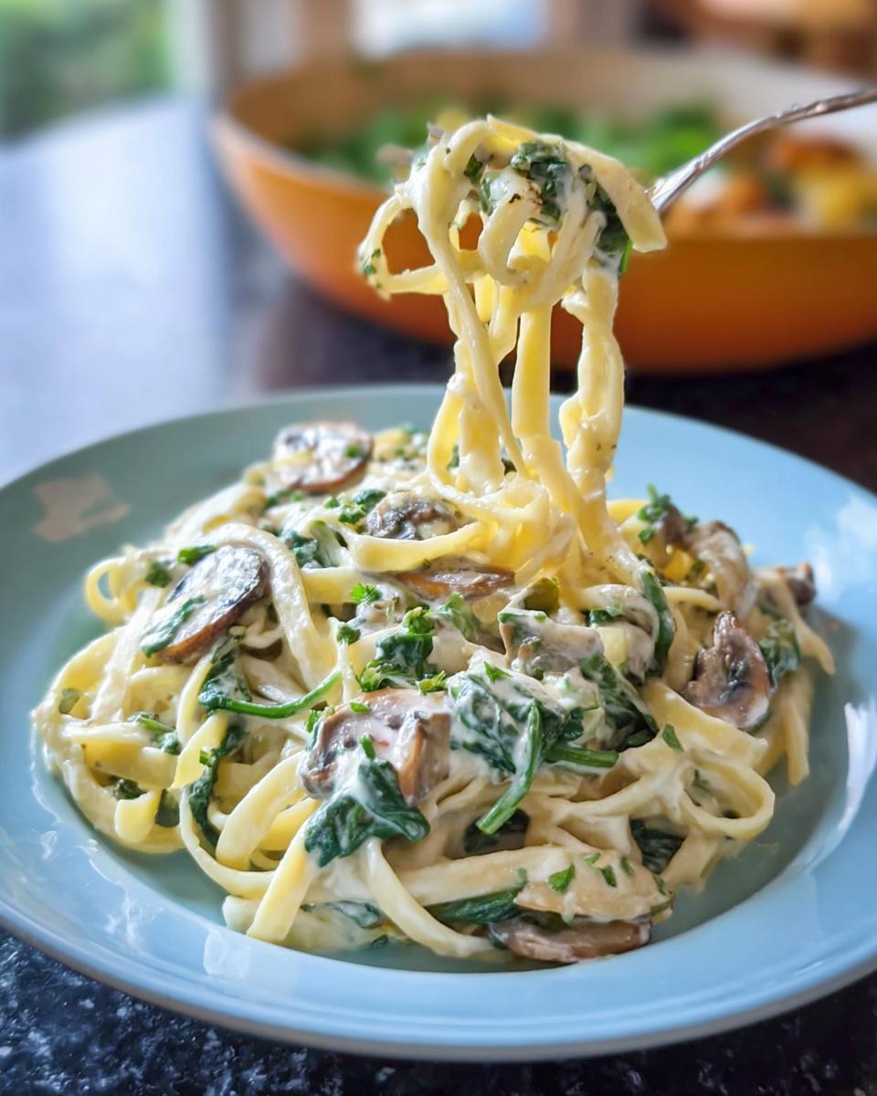 A fork lifting a twirl of fettuccine from a plate of Spinach and Mushroom Alfredo Pasta, coated in creamy sauce.