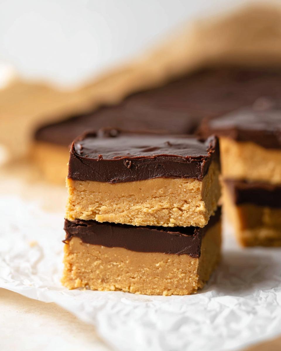 Two stacked Peanut Butter Chocolate Fudge Squares showing rich peanut butter base and thick chocolate topping.