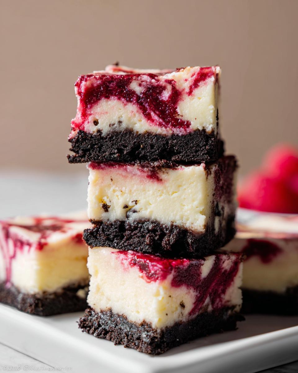 Three stacked bars of Raspberry White Chocolate Cheesecake with a dark chocolate crust and raspberry swirl.