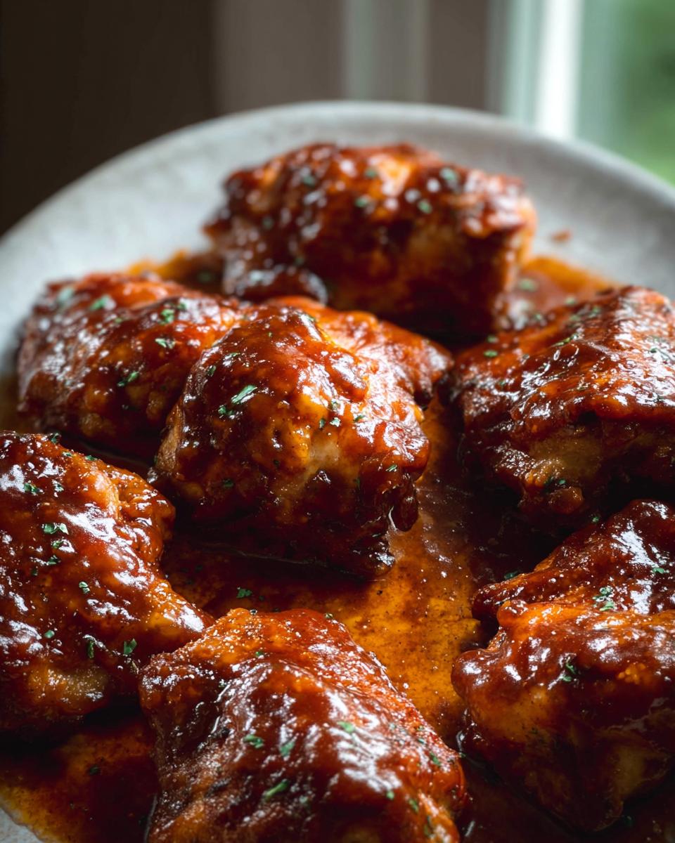 Close-up of several Sticky BBQ Sheet Pan Chicken Thighs covered in thick, glossy sauce and garnished with herbs.