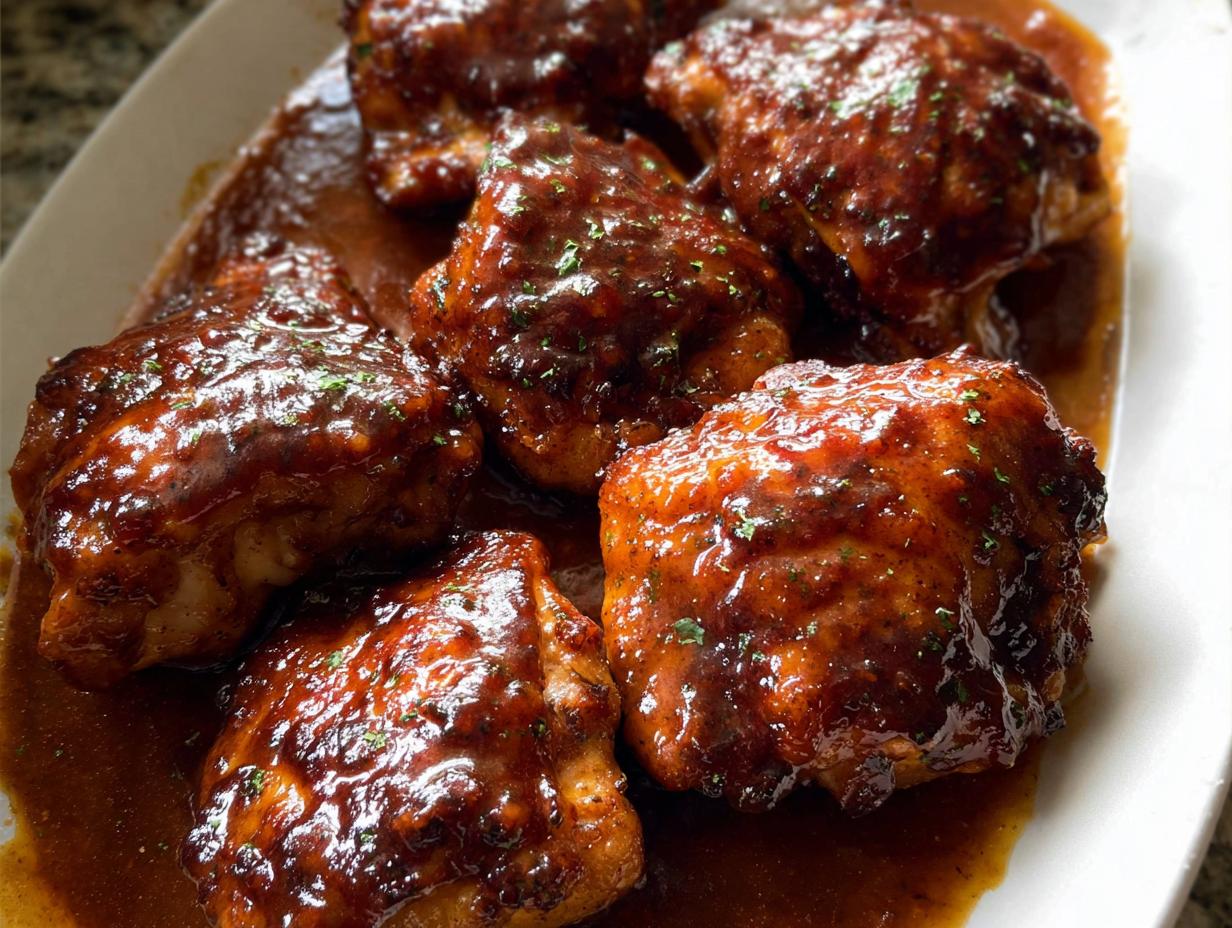Close-up of several Sticky BBQ Sheet Pan Chicken Thighs glistening with thick, dark sauce on a white platter.
