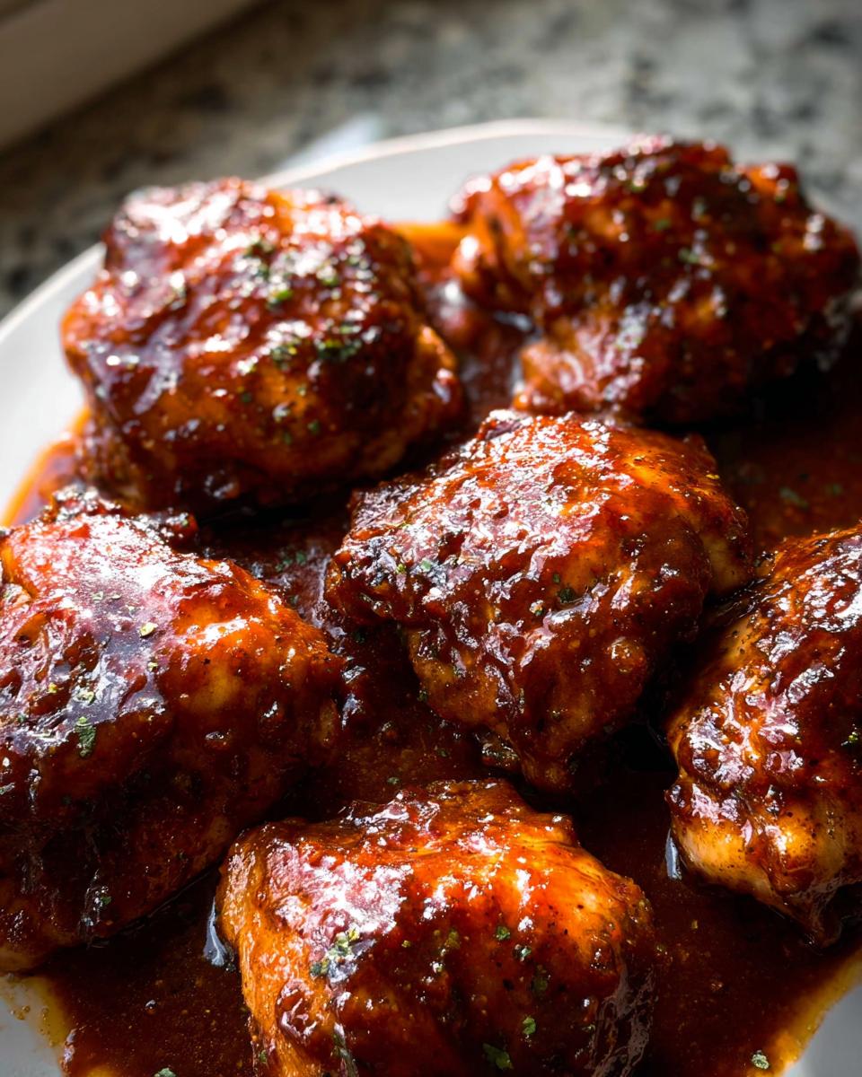 Close-up of several Sticky BBQ Sheet Pan Chicken Thighs covered in glistening, thick barbecue sauce and garnished with herbs.