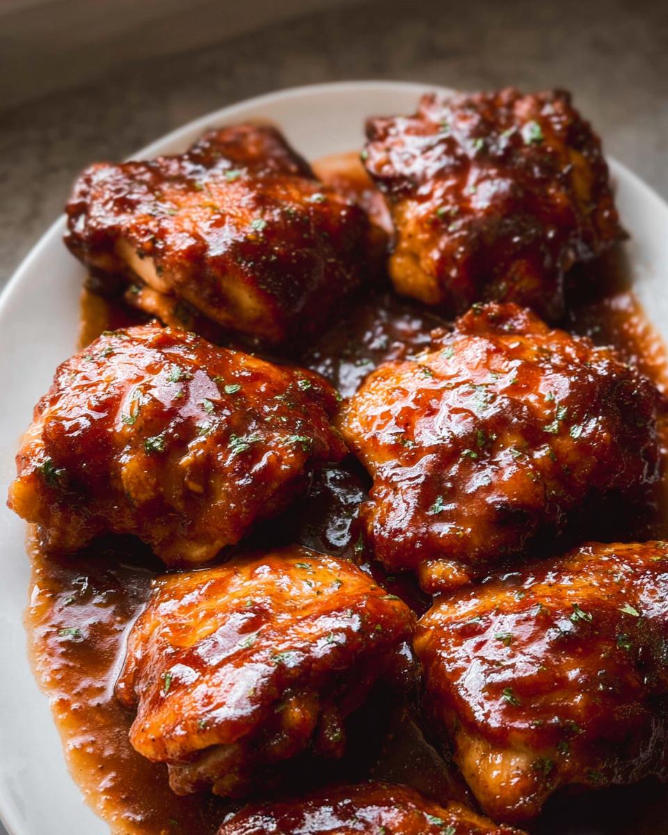 Five glossy, saucy Sticky BBQ Sheet Pan Chicken Thighs served on a white plate.