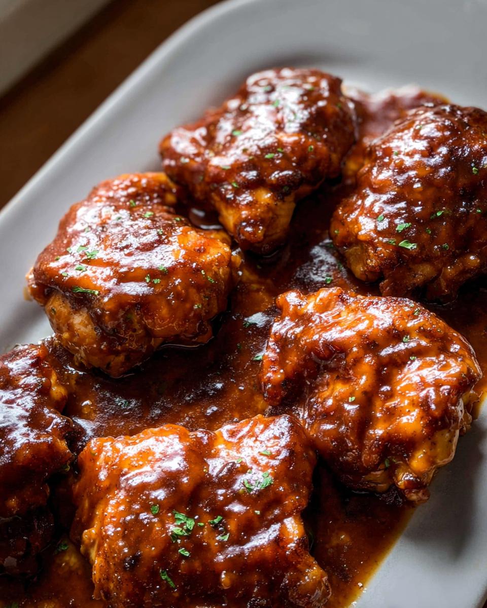 Five juicy chicken thighs coated in thick, glossy, sticky BBQ sauce, garnished with parsley.