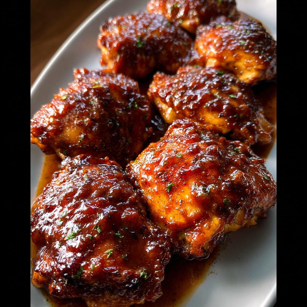 Close-up of several juicy chicken thighs coated in a thick, glossy, dark brown Sticky BBQ Sheet Pan Chicken Thighs sauce.