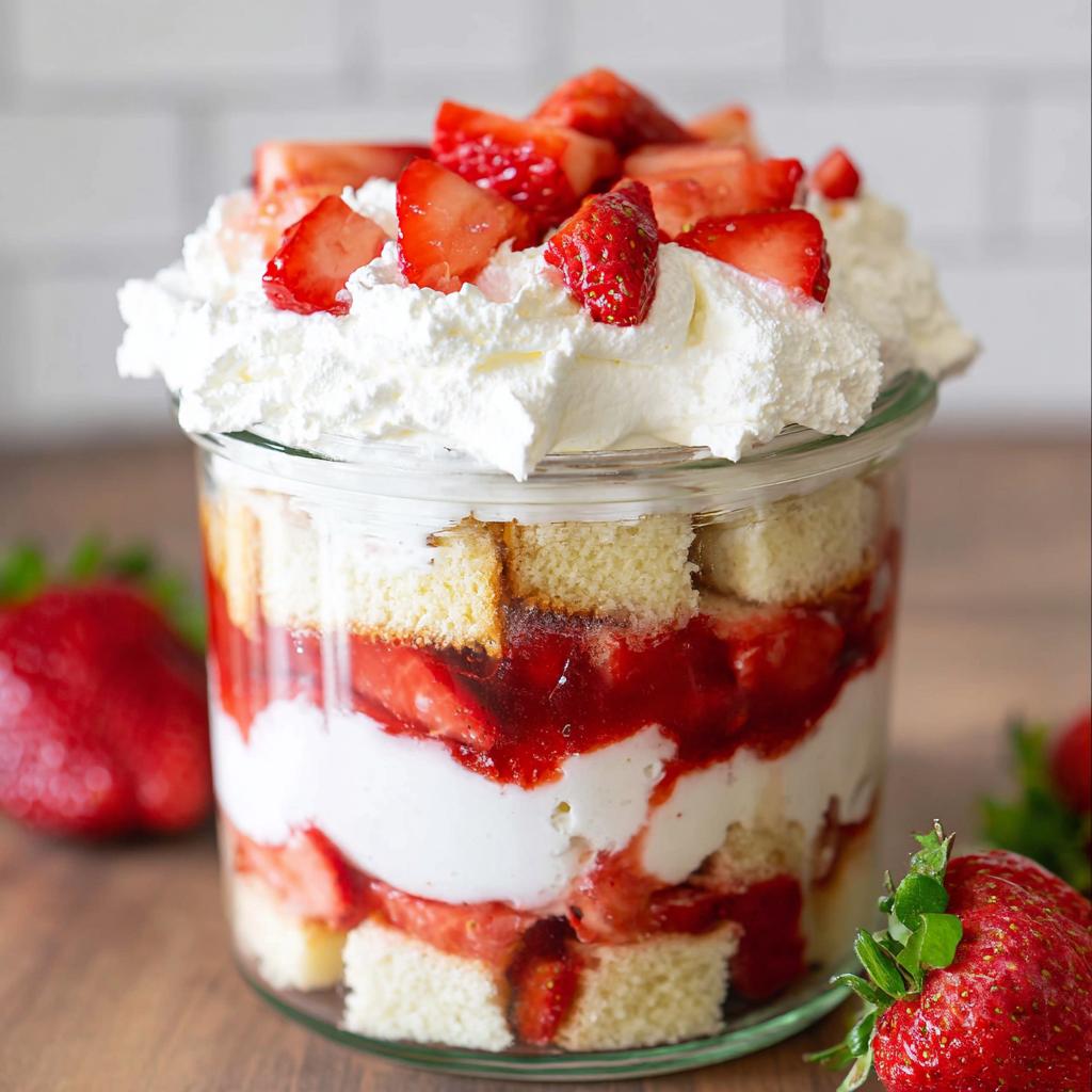 A delicious Strawberry Shortcake Trifle in a Jar showing layers of cake, cream, and macerated strawberries topped with whipped cream.