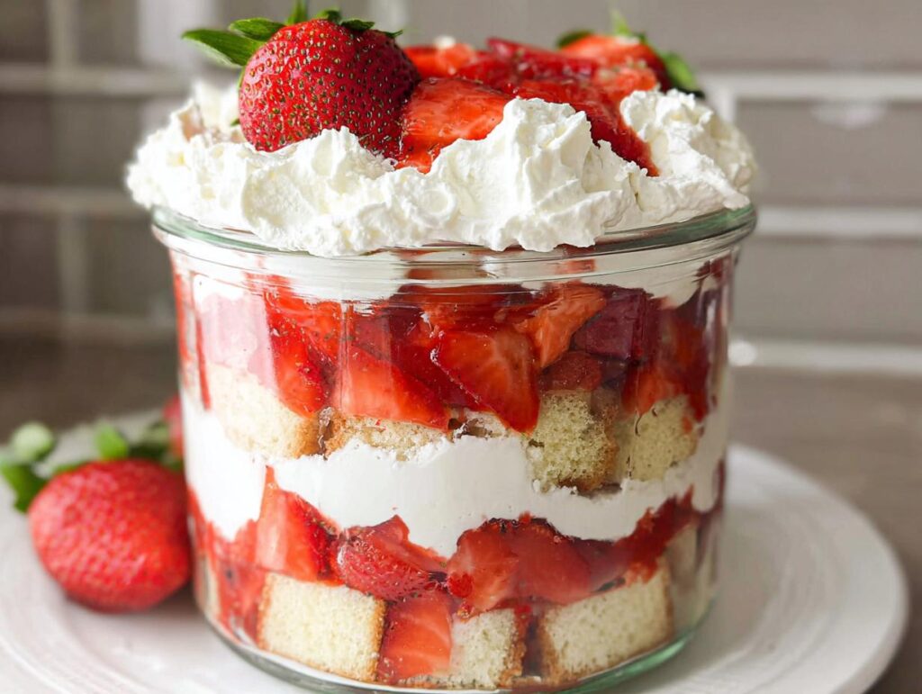 A close-up of a layered Strawberry Shortcake Trifle in a Jar featuring cake, whipped cream, and macerated strawberries.