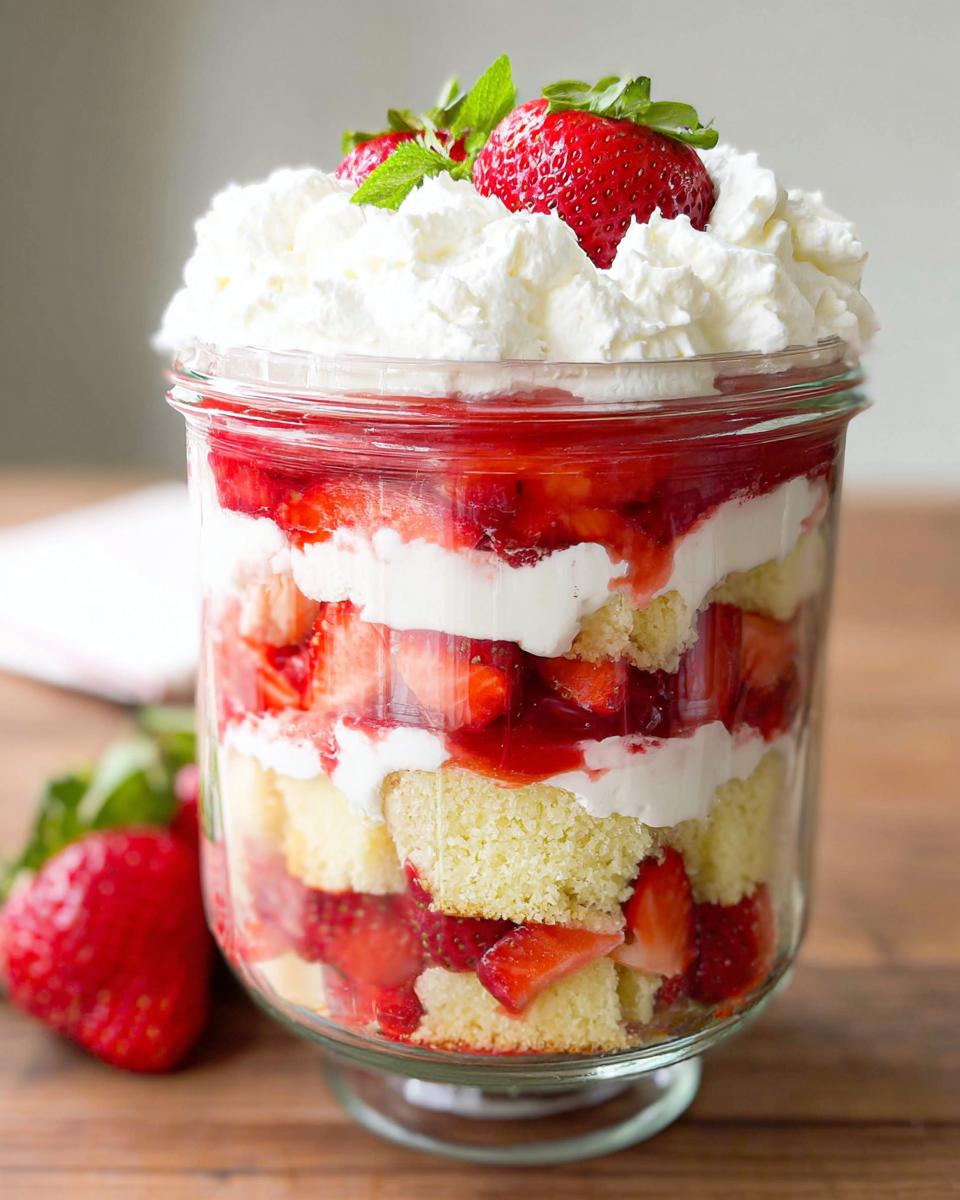 Close-up of a layered Strawberry Shortcake Trifle in a Jar showing cake, whipped cream, and macerated strawberries.