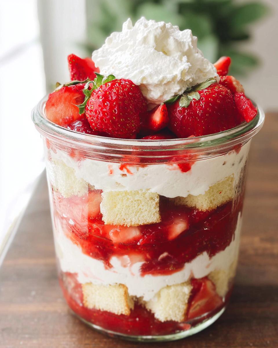 Layers of cake, whipped cream, and macerated strawberries topped with fresh berries and whipped cream in a Strawberry Shortcake Trifle in a Jar.