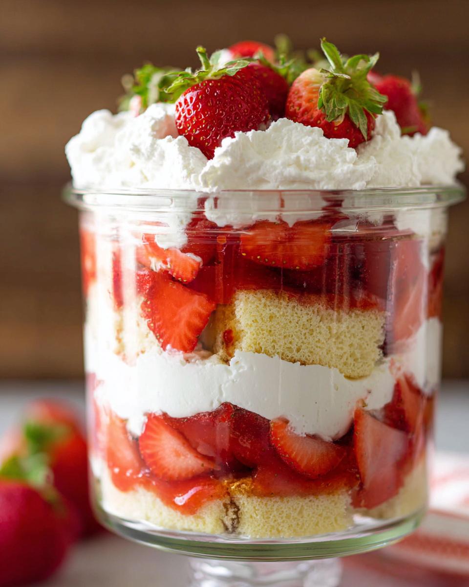 Close-up of a Strawberry Shortcake Trifle in a Jar showing layers of cake, whipped cream, and macerated strawberries.