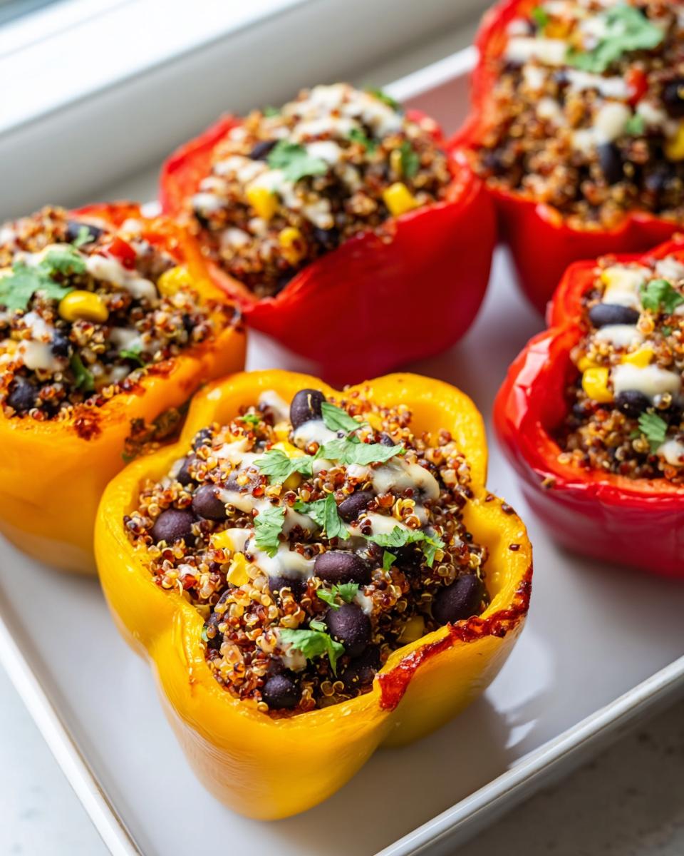 Close-up of vibrant Stuffed Bell Peppers with Quinoa and Black Beans, topped with cheese and cilantro.