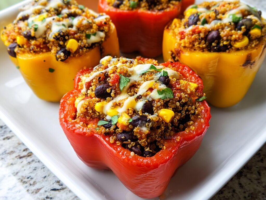 Close-up of vibrant Stuffed Bell Peppers with Quinoa and Black Beans, topped with melted cheese.