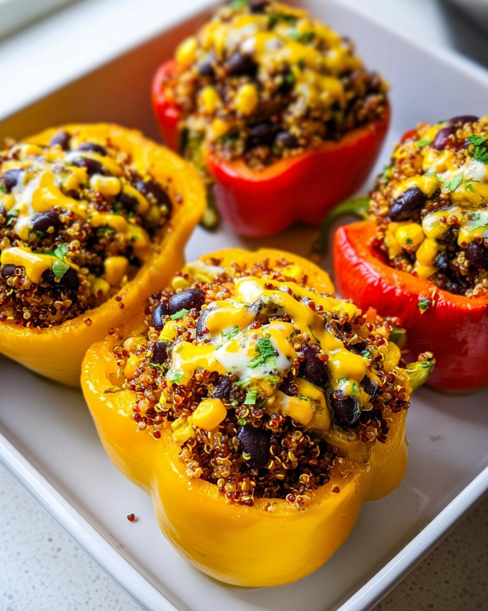 Four vibrant Stuffed Bell Peppers with Quinoa and Black Beans, topped with cheese sauce and herbs, served on a white platter.