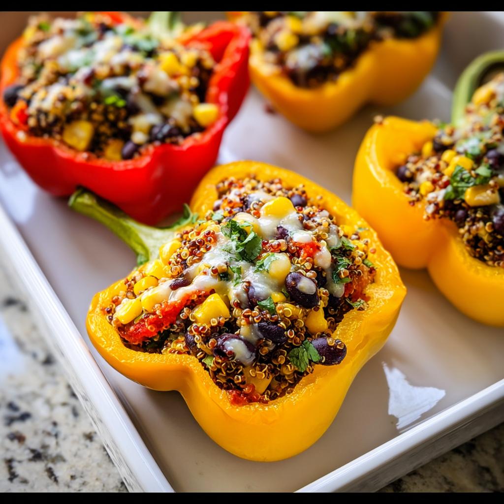 Close-up of vibrant Stuffed Bell Peppers with Quinoa and Black Beans, topped with melted cheese.