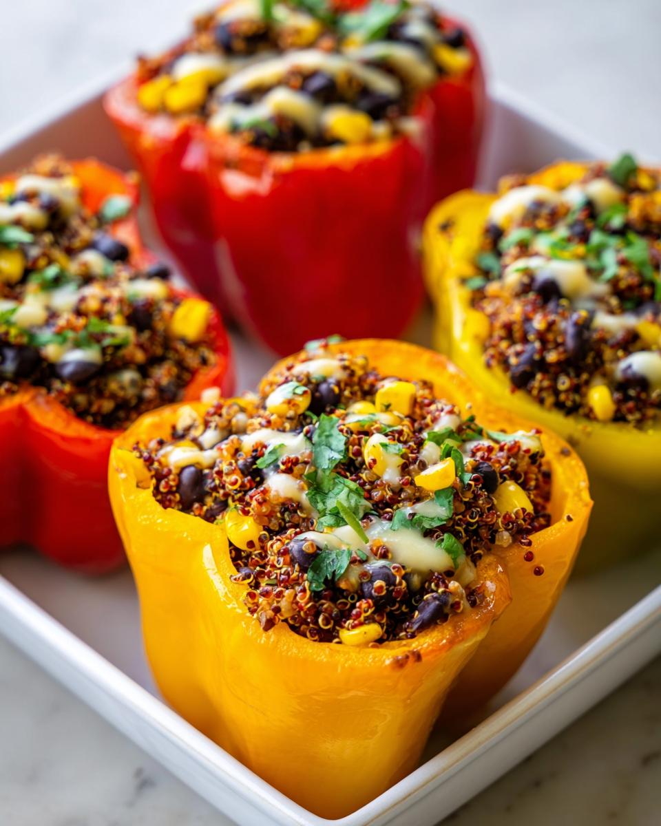 Four colorful Stuffed Bell Peppers with Quinoa and Black Beans, topped with melted cheese and cilantro.
