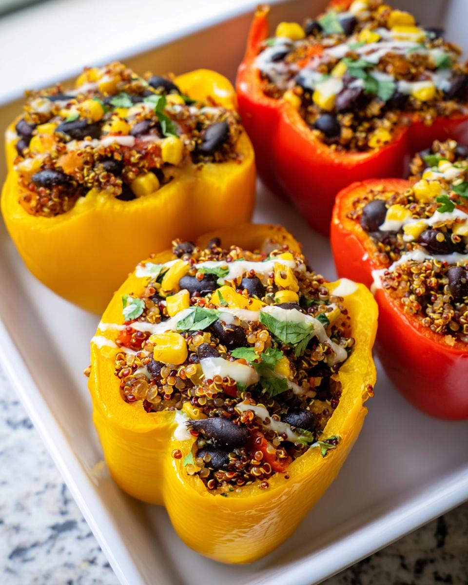 Four vibrant Stuffed Bell Peppers with Quinoa and Black Beans, topped with a white drizzle and cilantro.