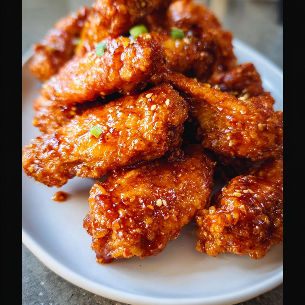 A pile of crispy, sticky Sweet Chili Glazed Chicken Wings garnished with sesame seeds and green onions.