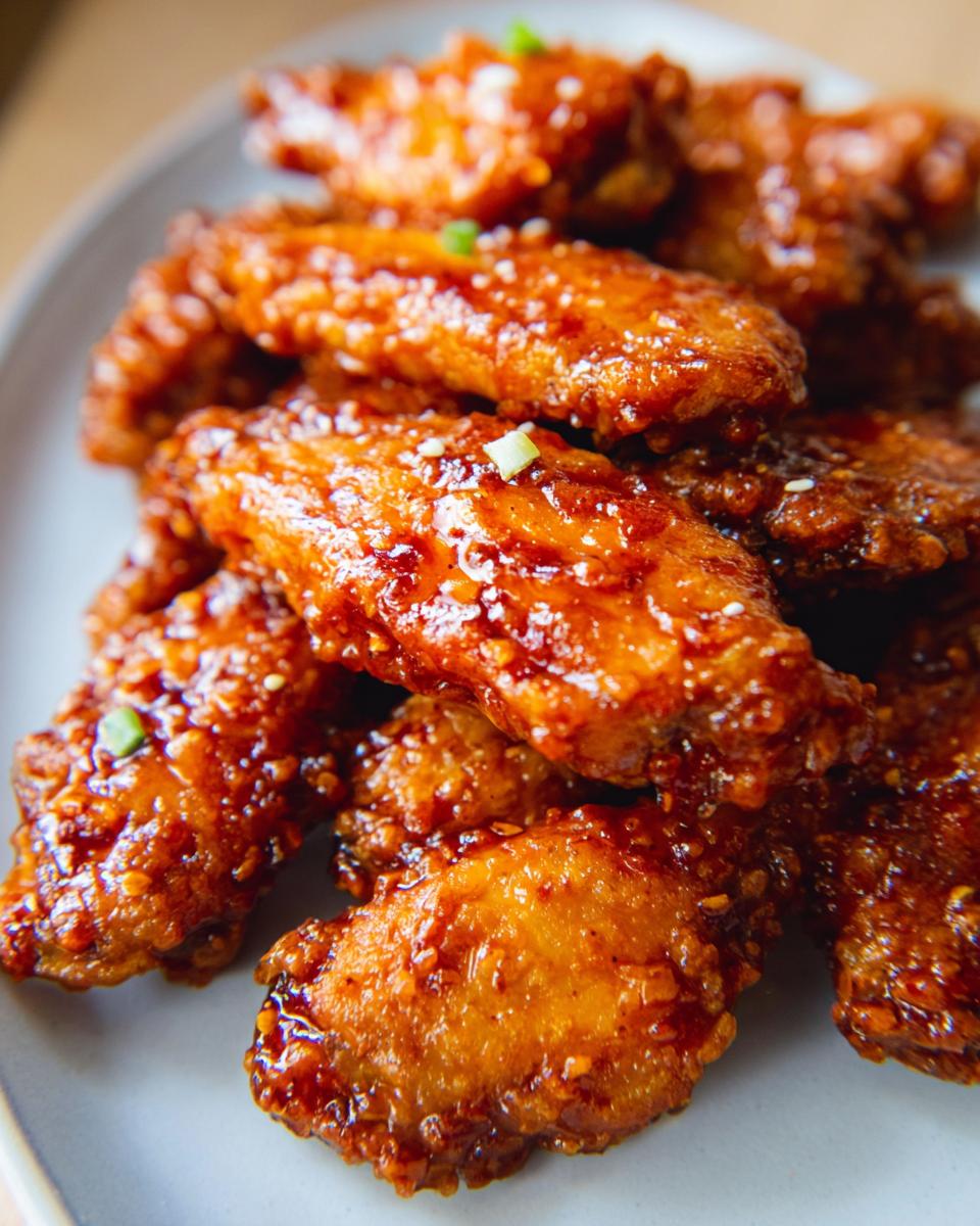 A pile of crispy, sticky Sweet Chili Glazed Chicken Wings garnished with sesame seeds and chopped green onions.