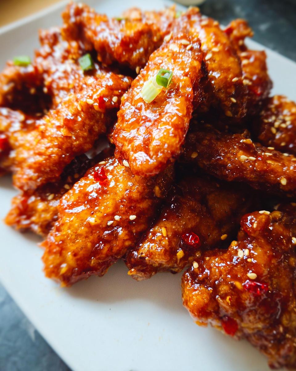 A pile of crispy Sweet Chili Glazed Chicken Wings coated in a shiny, sticky sauce and sprinkled with sesame seeds.
